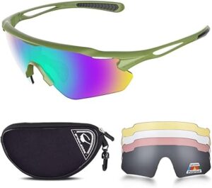 SNOWLEDGE Cycling Glasses for Men Women Teenager with 5 Interchangeable Lenses (Black Polarized Lens) / UV Protection Sport Sunglasses for Running, Fishing