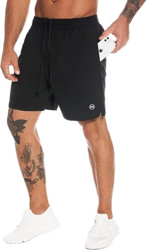 MOVEUP 2 in 1 Gym Running Shorts 7" Quick Dry Spandex Shell Fabric Compression Lining Sport Shorts Basketball Active Fitness Shorts Workout Training Shorts with Zipper Pocket for Men