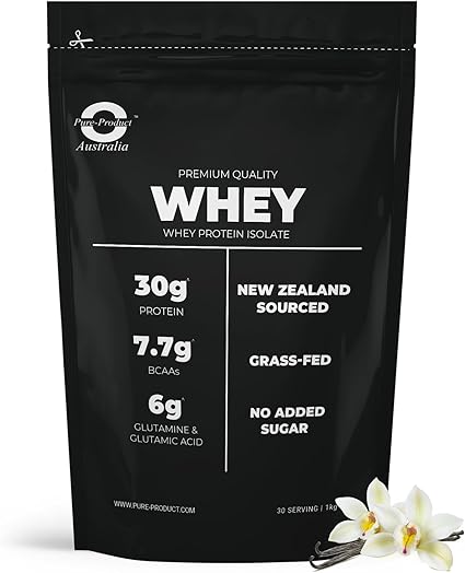 Pure Product Australia - Whey Protein Isolate & Hydrolyzed - 100% Premium Grass Fed - 30g Protein per Serve, Fast Absorbing - Non-GMO - Easy Digesting - 1kg (30 Servings) - Vanilla