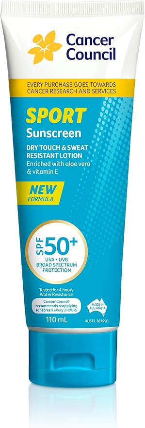 Cancer Council Sunscreen Dry-Touch Sport Lotion SPF50+ 110mL - Water & Sweat Resistant, Enriched with Aloe & Vitamin E