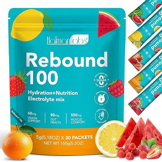 Rebound 100 Electrolyte Drink Mix | Hydration & Nutrition Blend | Sugar-Free, Zero-Calorie Formula | Variety Pack with Watermelon, Orange, Strawberry, Lemon & Raspberry Flavours | 30 Sachets